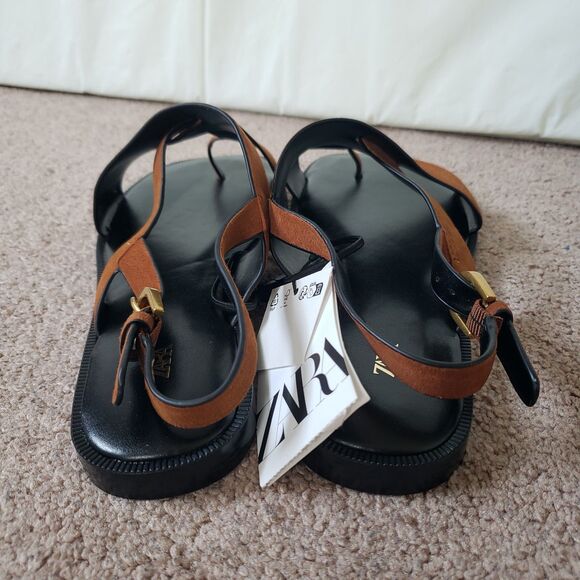 Zara Nwt Suede Leather Slide Strappy Sandals Toe Loop Metal Buckle Size 6 Brown - Picture 8 of 13